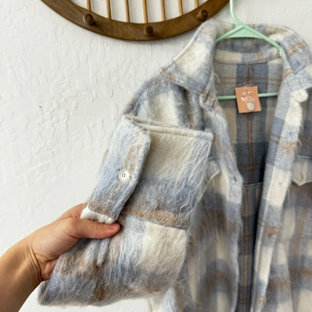 Miss Lola Blue Plaid Long Line Side Slit Fuzzy Button Down Shacket Jacket M/L